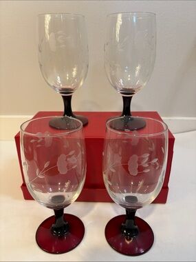Princess House Heritage cranberry red stem etched iced tea glasses water goblets